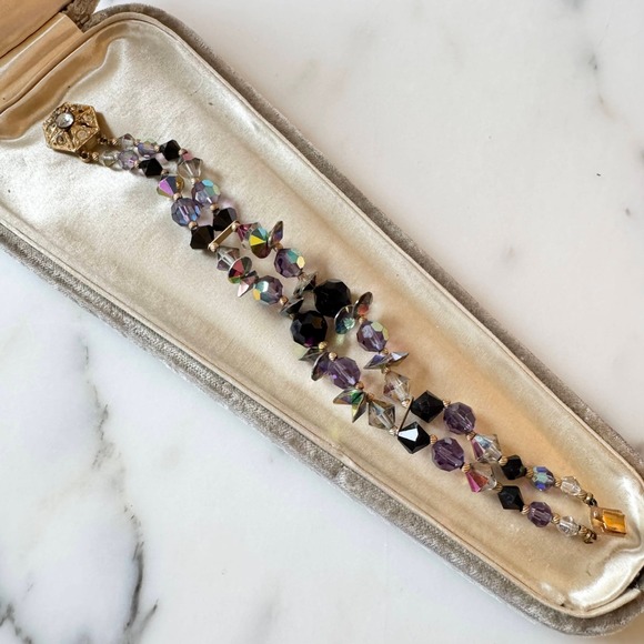 Vintage Purple Aurora Borealis Crystal Beaded Double Strand Bracelet Sparkly - Picture 2 of 11